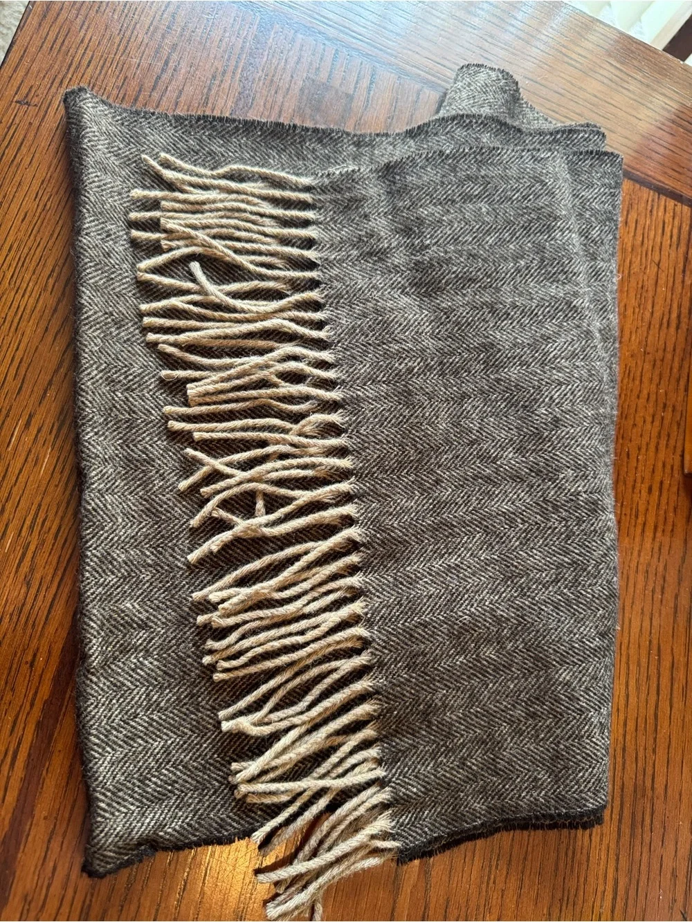 Amicale Camel Hair Scarf Herringbone Brown Men’s Unisex Dark Fringe Made In USA